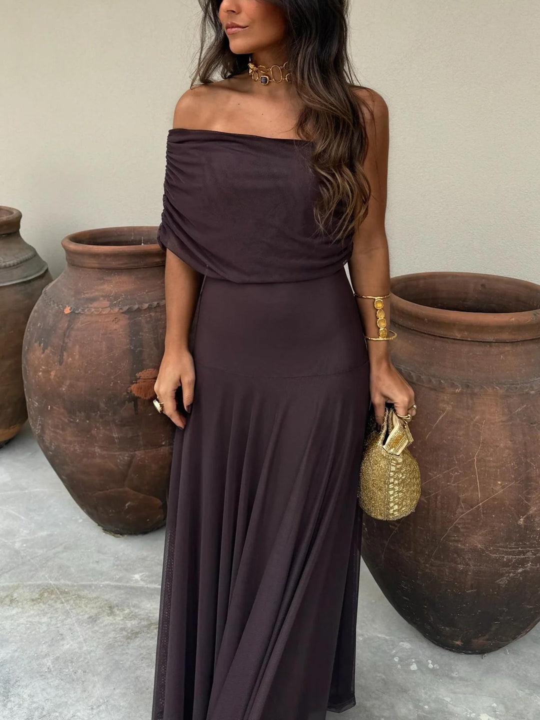 Elegant Brown Off The Shoulder Maxi Cocktail Dress for Women with Chiffon Flowing Skirt Fitted Bodice