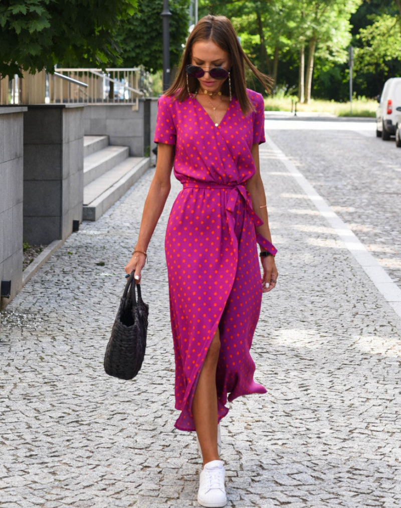 Nora | Cotton Floral Wrap V Neck Tie Waist Short Sleeve Midi Dress