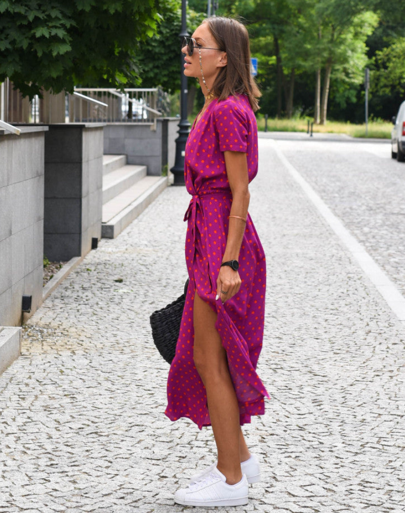 Nora | Cotton Floral Wrap V Neck Tie Waist Short Sleeve Midi Dress