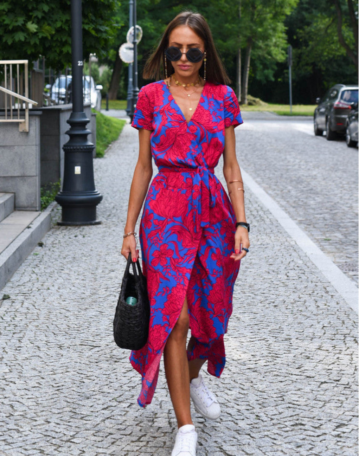 Nora | Cotton Floral Wrap V Neck Tie Waist Short Sleeve Midi Dress