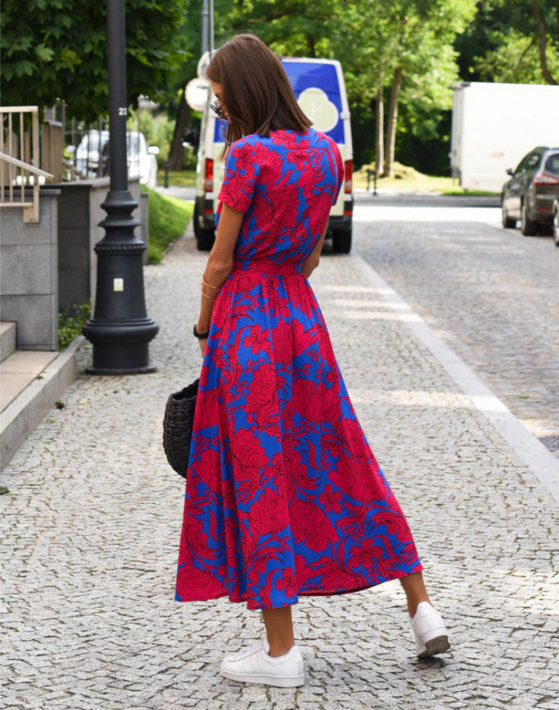 Nora | Cotton Floral Wrap V Neck Tie Waist Short Sleeve Midi Dress