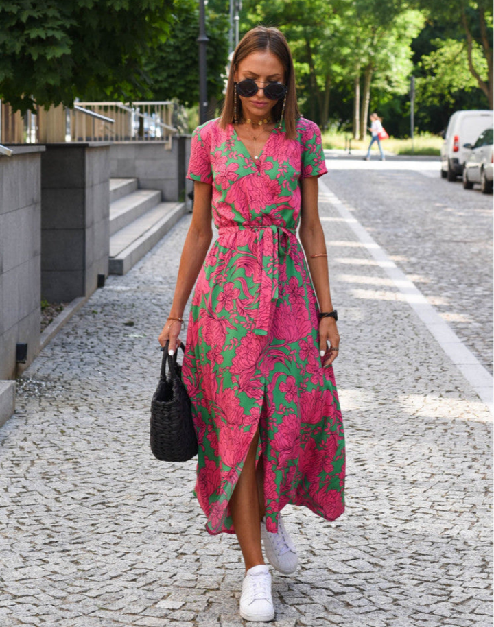 Nora | Cotton Floral Wrap V Neck Tie Waist Short Sleeve Midi Dress