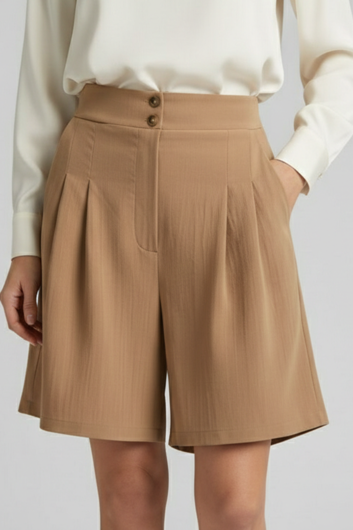 Effortless Tailored Bermuda Shorts for Women with High Waist Pleated Front Side Pocket Style