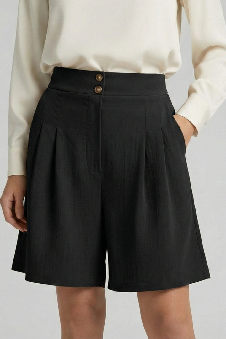 Effortless Tailored Bermuda Shorts for Women with High Waist Pleated Front Side Pocket Style