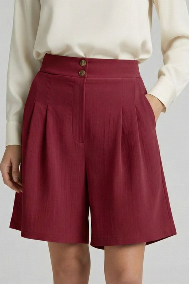 Effortless Tailored Bermuda Shorts for Women with High Waist Pleated Front Side Pocket Style