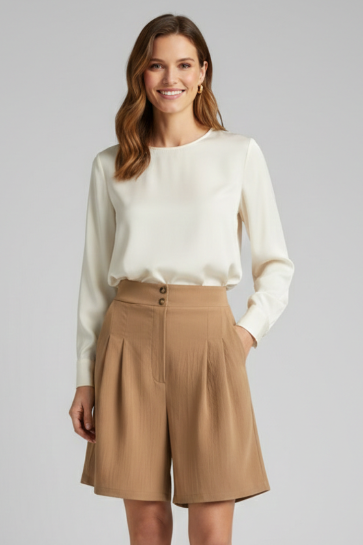 Effortless Tailored Bermuda Shorts for Women with High Waist Pleated Front Side Pocket Style