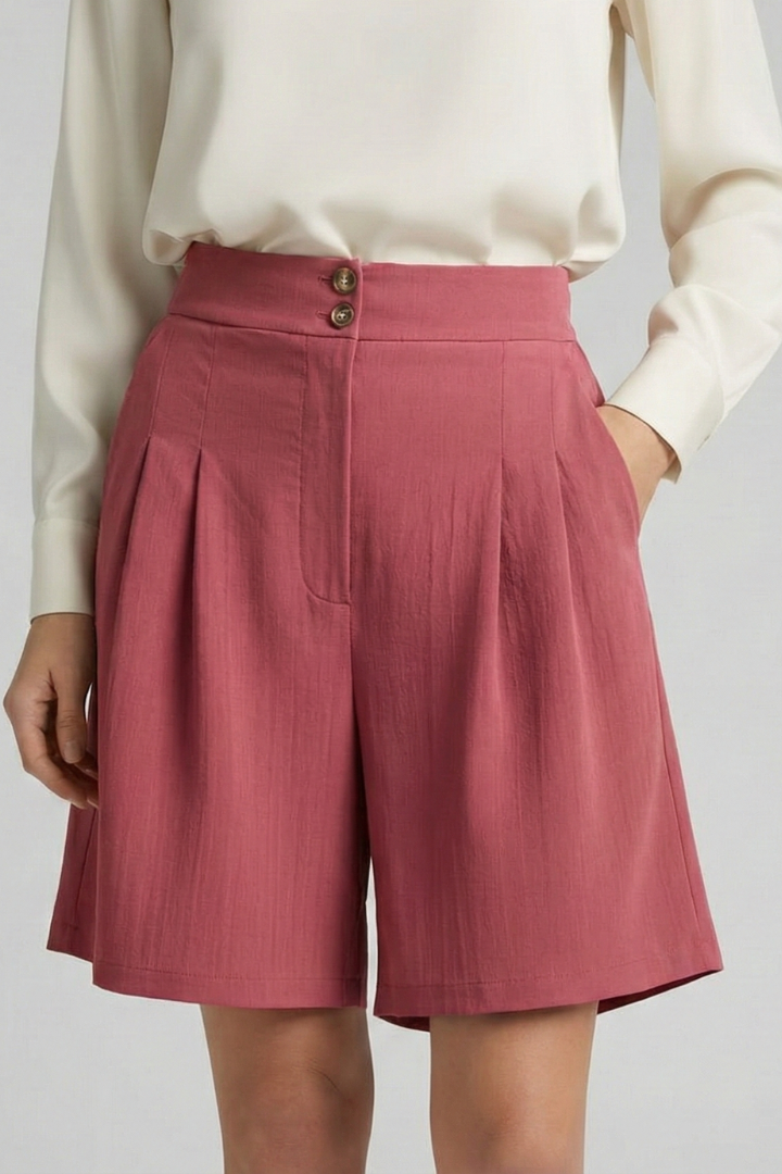 Effortless Tailored Bermuda Shorts for Women with High Waist Pleated Front Side Pocket Style
