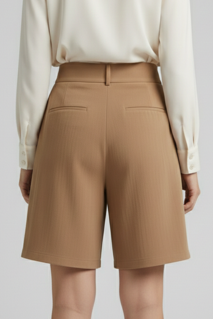 Effortless Tailored Bermuda Shorts for Women with High Waist Pleated Front Side Pocket Style
