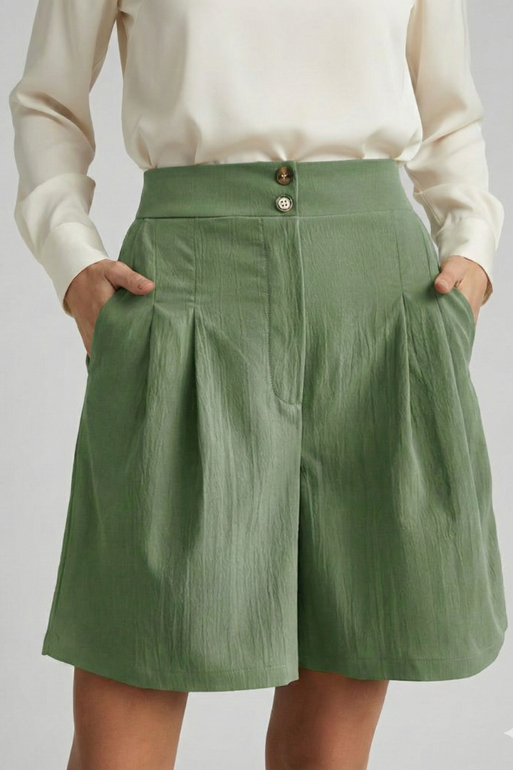 Effortless Tailored Bermuda Shorts for Women with High Waist Pleated Front Side Pocket Style