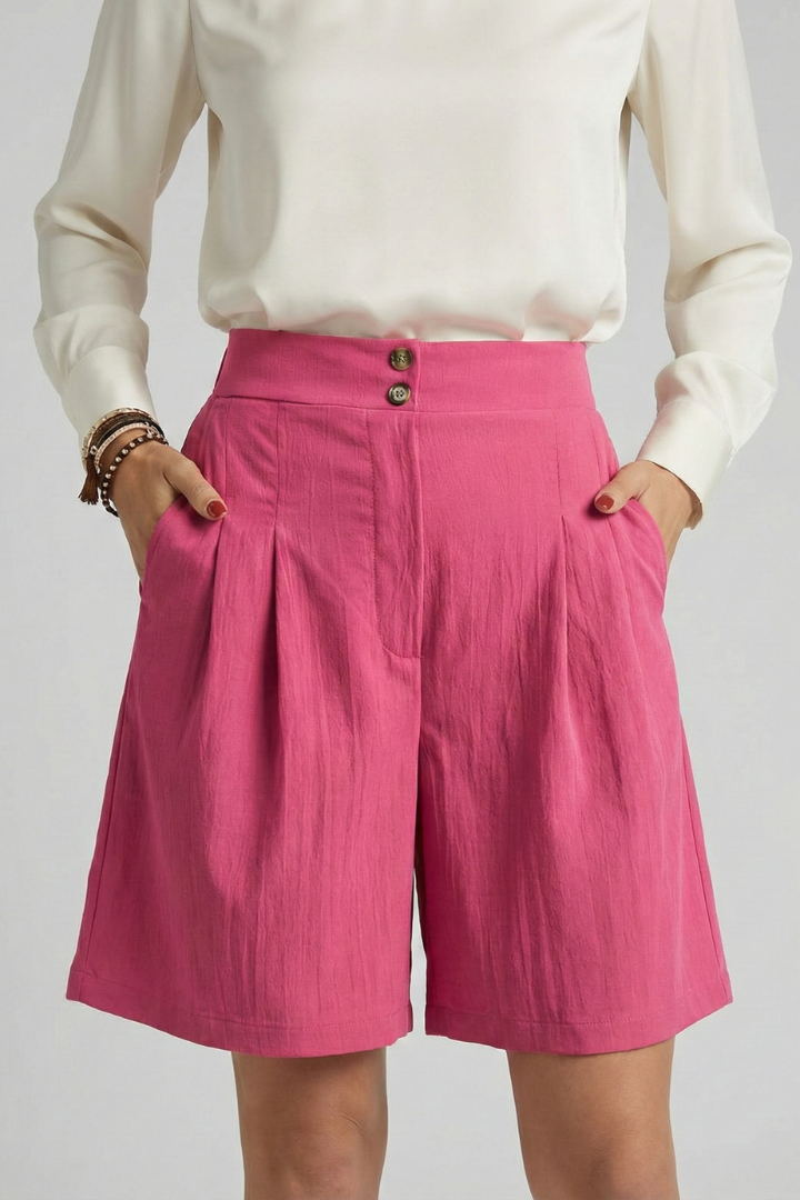 Effortless Tailored Bermuda Shorts for Women with High Waist Pleated Front Side Pocket Style