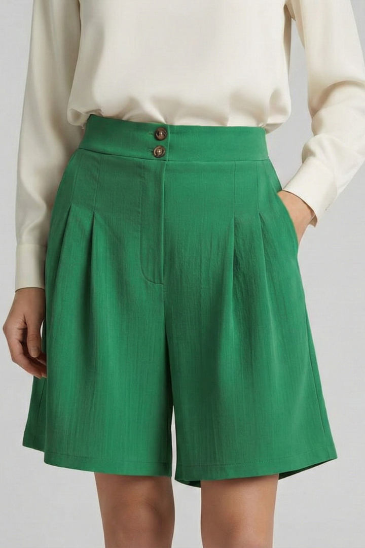 Effortless Tailored Bermuda Shorts for Women with High Waist Pleated Front Side Pocket Style