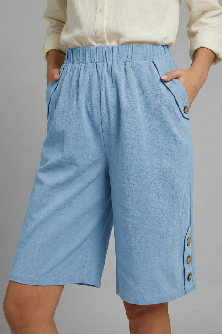Effortless Wide Leg Bermuda Shorts for Women with Elastic High Waist Button Hem Side Pocket Style