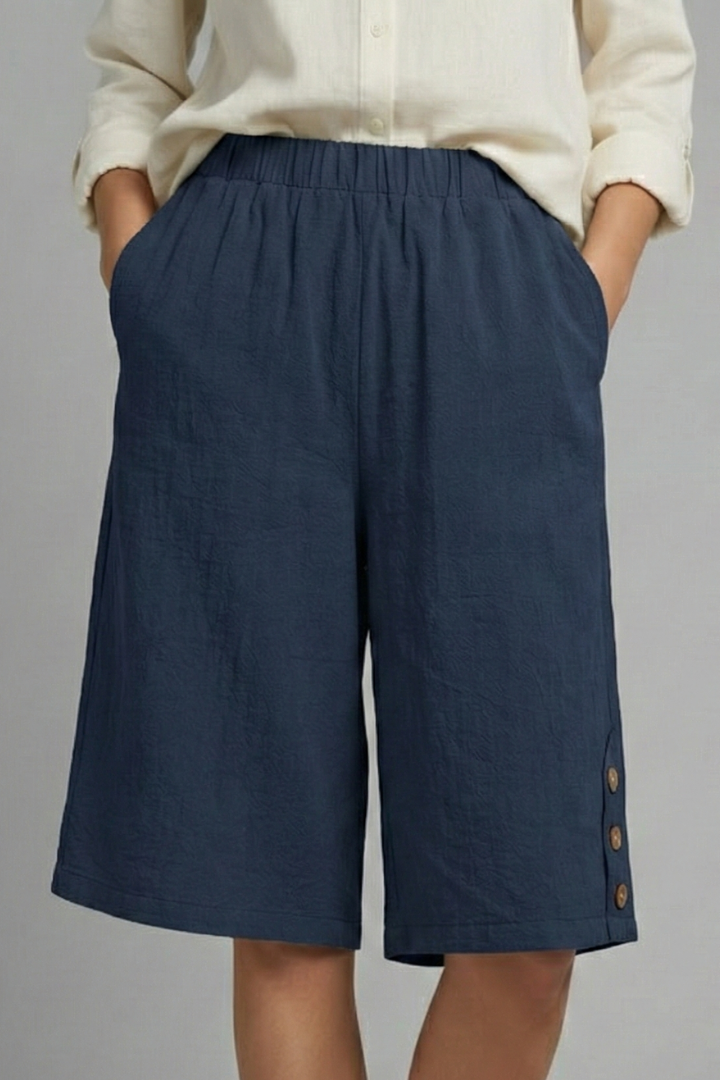 Effortless Wide Leg Bermuda Shorts for Women with Elastic High Waist Button Hem Side Pocket Style