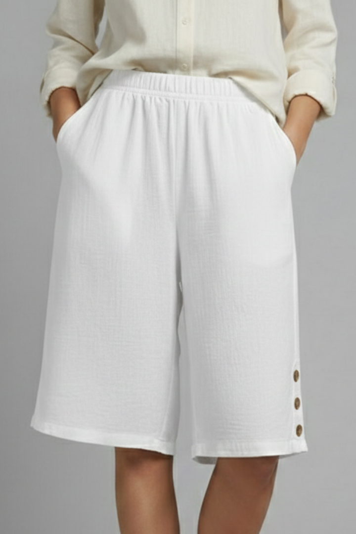 Effortless Wide Leg Bermuda Shorts for Women with Elastic High Waist Button Hem Side Pocket Style