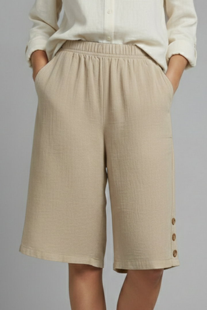 Effortless Wide Leg Bermuda Shorts for Women with Elastic High Waist Button Hem Side Pocket Style