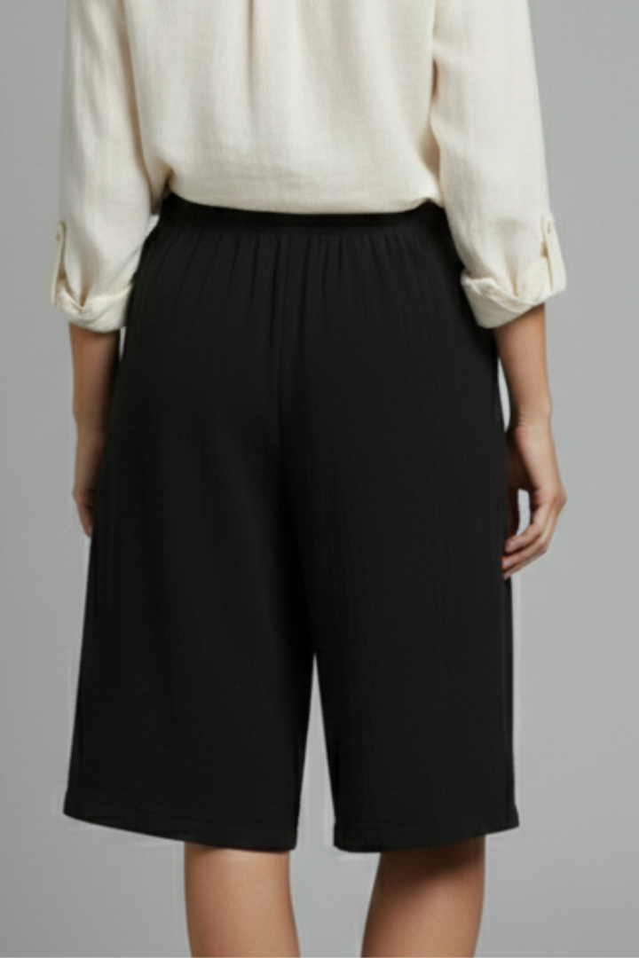 Effortless Wide Leg Bermuda Shorts for Women with Elastic High Waist Button Hem Side Pocket Style