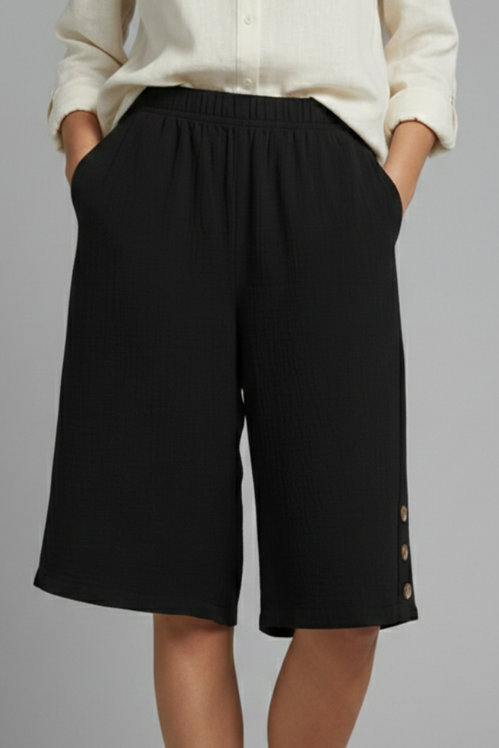 Effortless Wide Leg Bermuda Shorts for Women with Elastic High Waist Button Hem Side Pocket Style