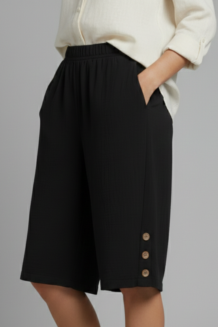 Effortless Wide Leg Bermuda Shorts for Women with Elastic High Waist Button Hem Side Pocket Style