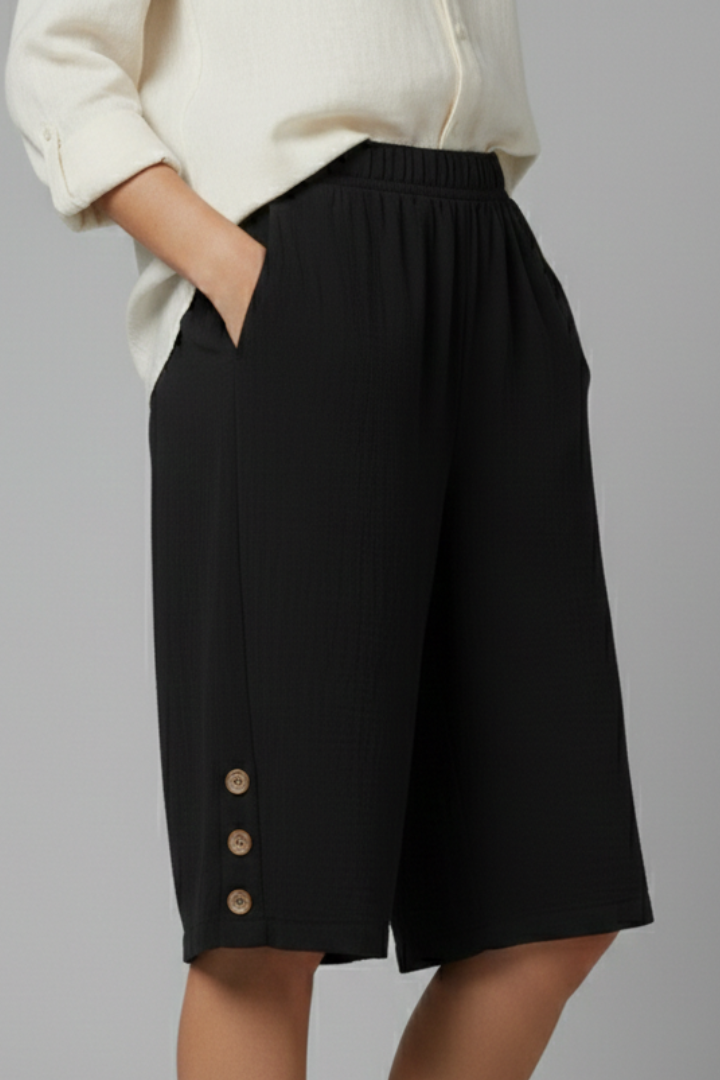 Effortless Wide Leg Bermuda Shorts for Women with Elastic High Waist Button Hem Side Pocket Style