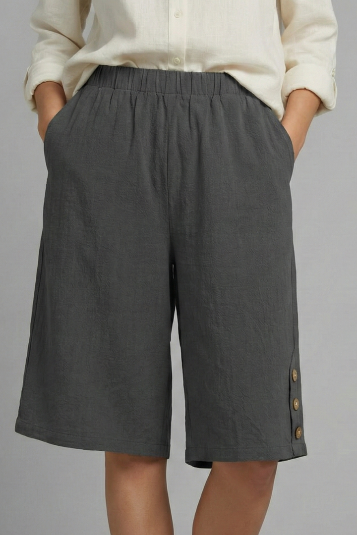 Effortless Wide Leg Bermuda Shorts for Women with Elastic High Waist Button Hem Side Pocket Style