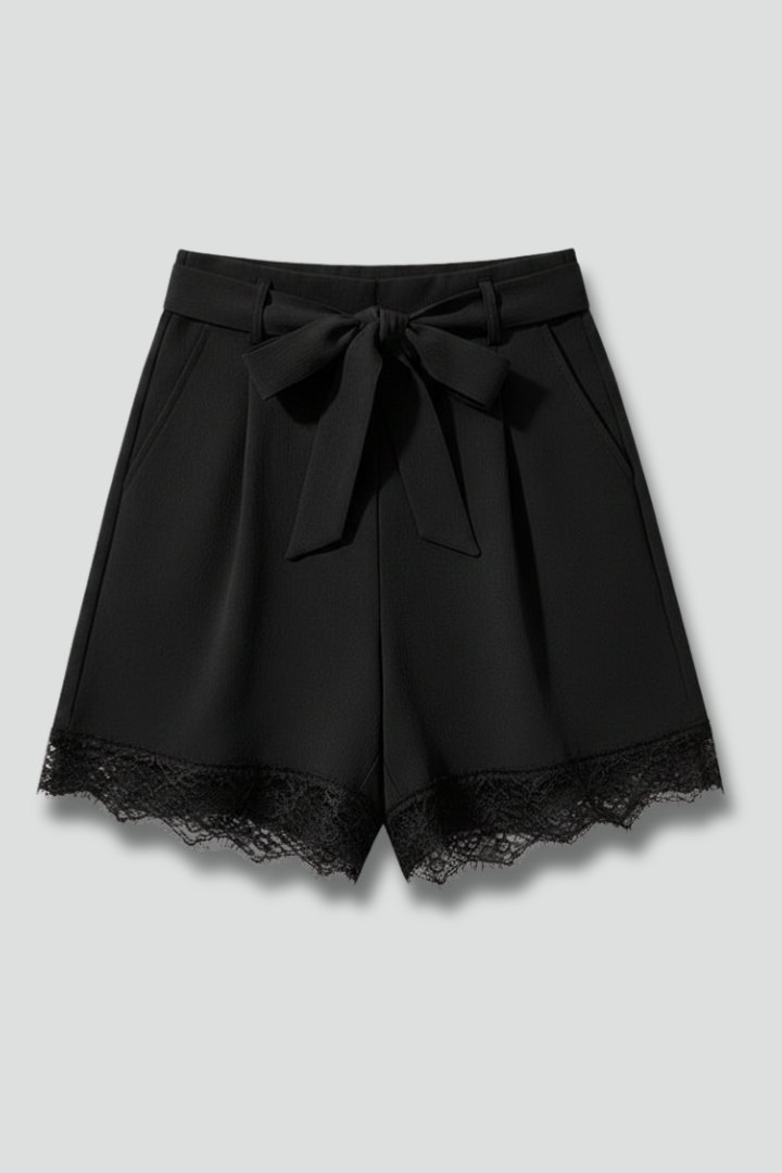 Elegant Black Lace Trim Shorts for Women with High Waist Tie Belt Flowing Wide Leg Style