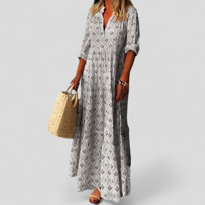 Effortless Printed Maxi Dress for Women with V-Neck Elbow Sleeve Side Slit Flowy Style