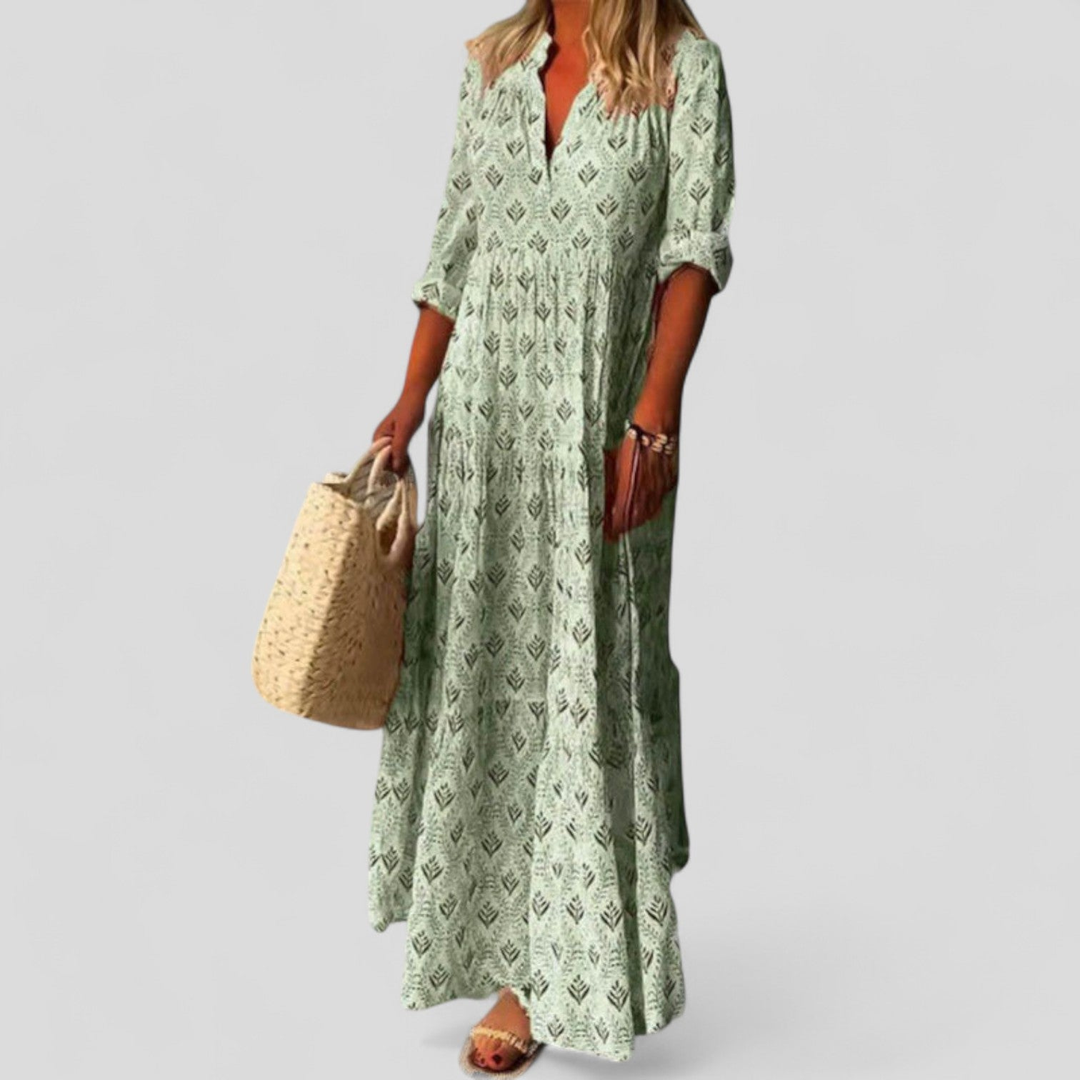 Effortless Printed Maxi Dress for Women with V-Neck Elbow Sleeve Side Slit Flowy Style