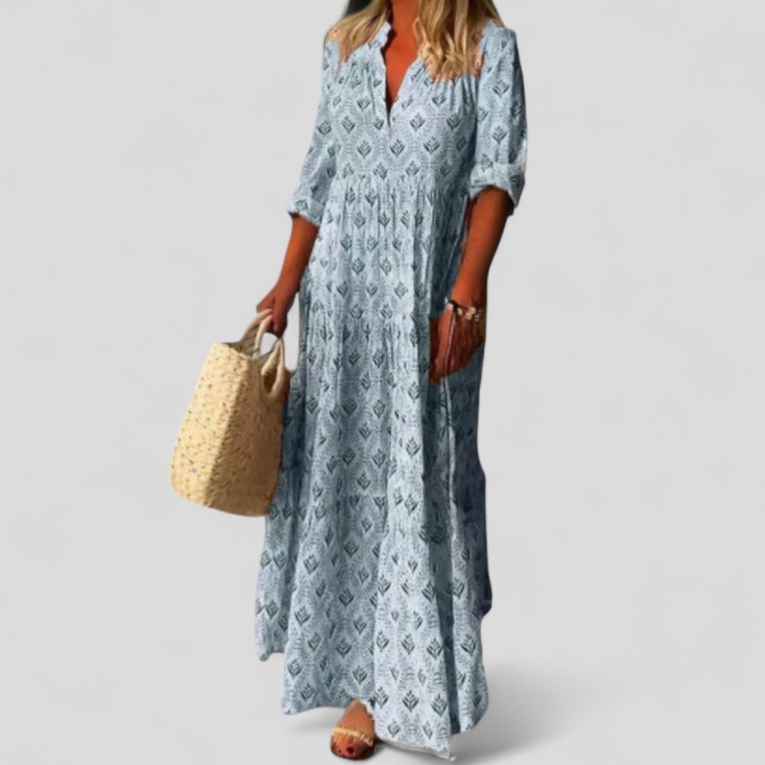 Effortless Printed Maxi Dress for Women with V-Neck Elbow Sleeve Side Slit Flowy Style