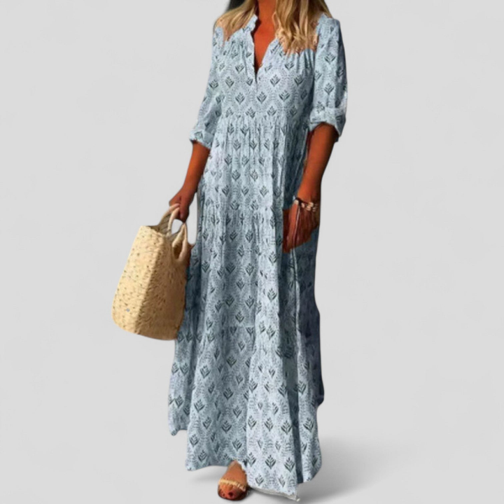 Effortless Printed Maxi Dress for Women with V-Neck Elbow Sleeve Side Slit Flowy Style