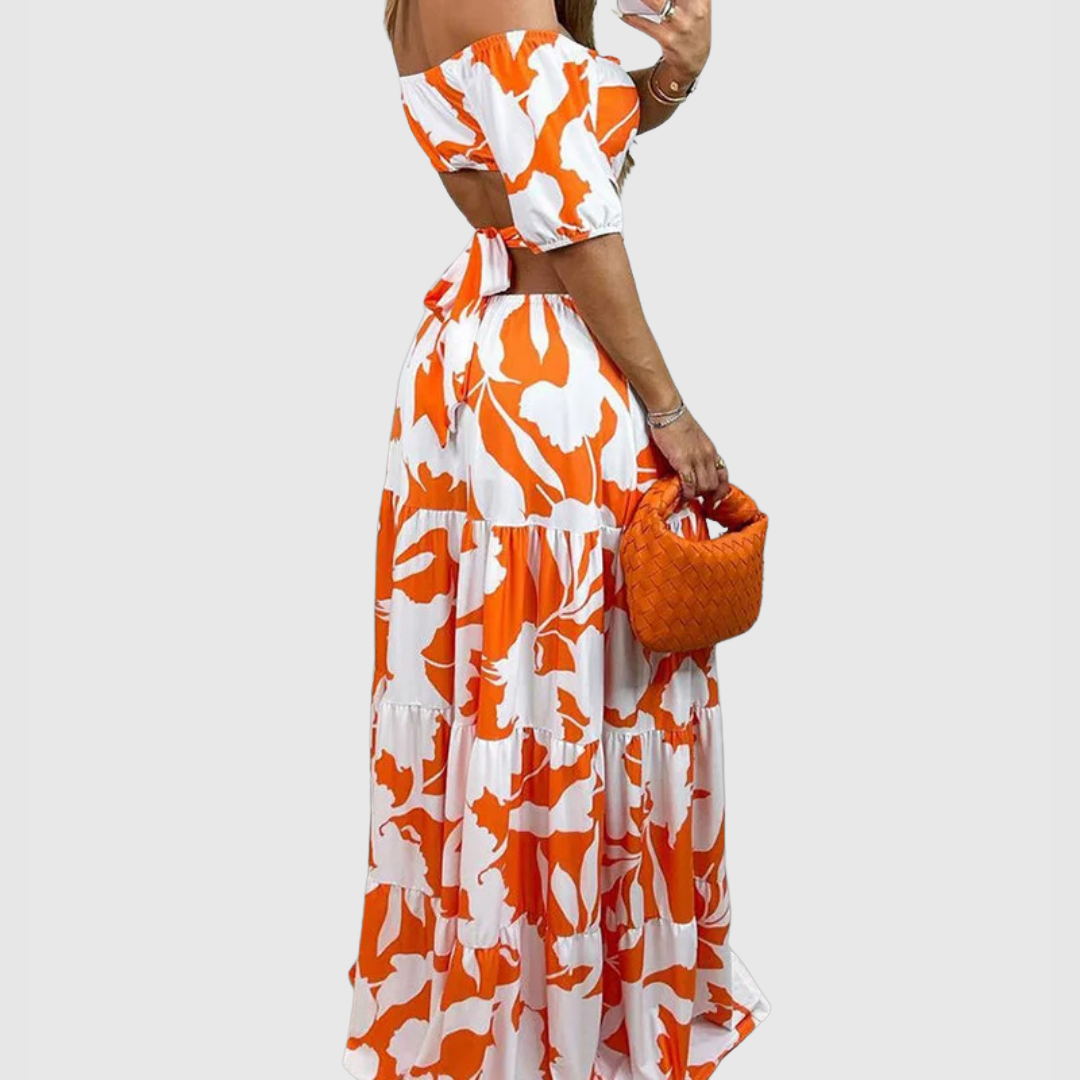 Effortless Floral Maxi Dress for Women with Off Shoulder Puff Sleeve Cutout Waist Tiered Style