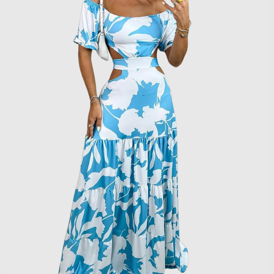 Effortless Floral Maxi Dress for Women with Off Shoulder Puff Sleeve Cutout Waist Tiered Style