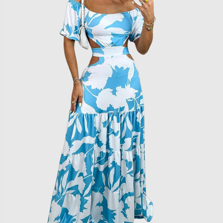 Effortless Floral Maxi Dress for Women with Off Shoulder Puff Sleeve Cutout Waist Tiered Style