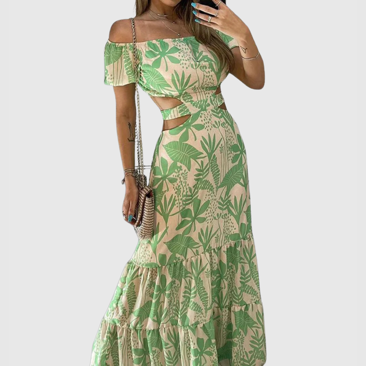 Effortless Floral Maxi Dress for Women with Off Shoulder Puff Sleeve Cutout Waist Tiered Style