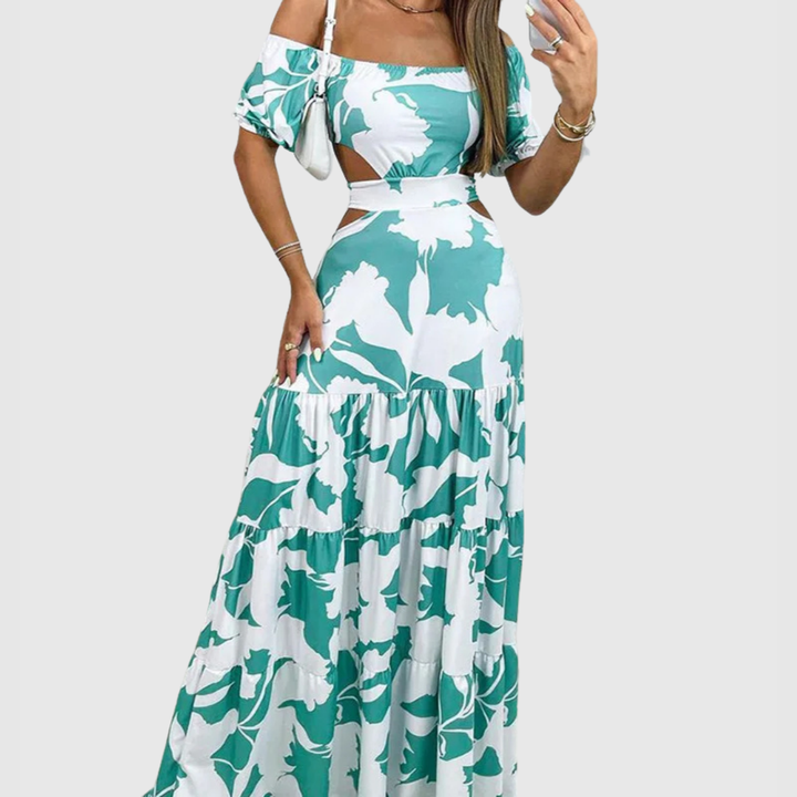 Effortless Floral Maxi Dress for Women with Off Shoulder Puff Sleeve Cutout Waist Tiered Style