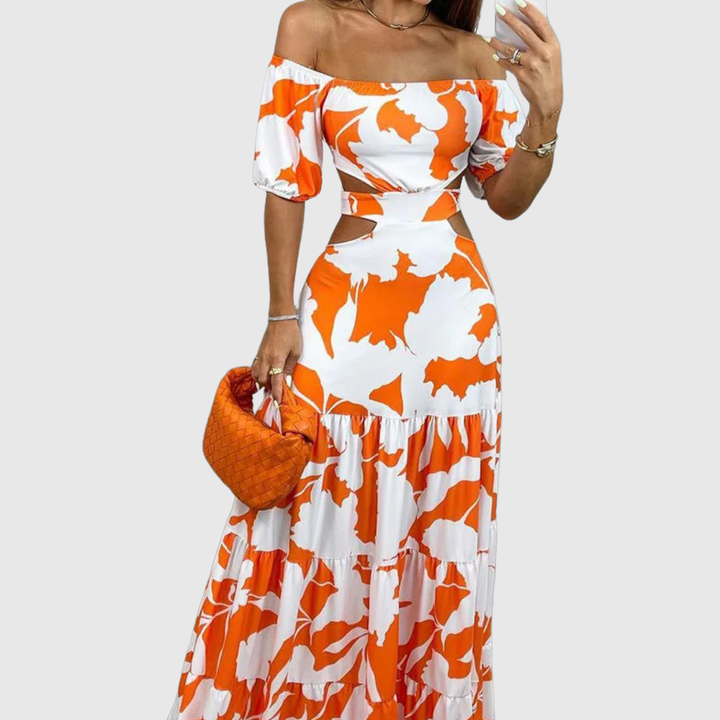 Effortless Floral Maxi Dress for Women with Off Shoulder Puff Sleeve Cutout Waist Tiered Style