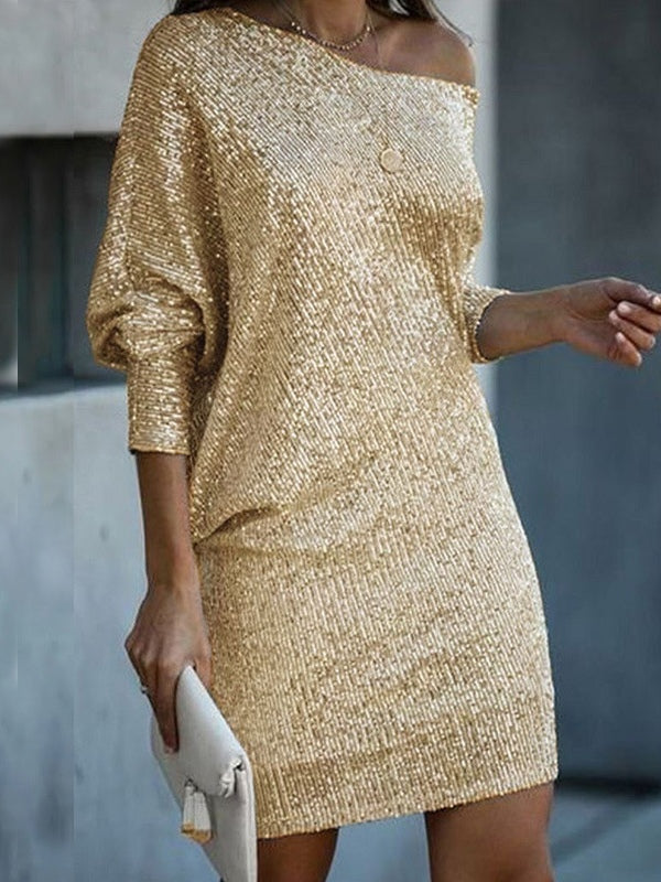 Elegant Sequin Mini Dress for Women with One Shoulder Batwing Sleeve Bodycon Sparkle Style