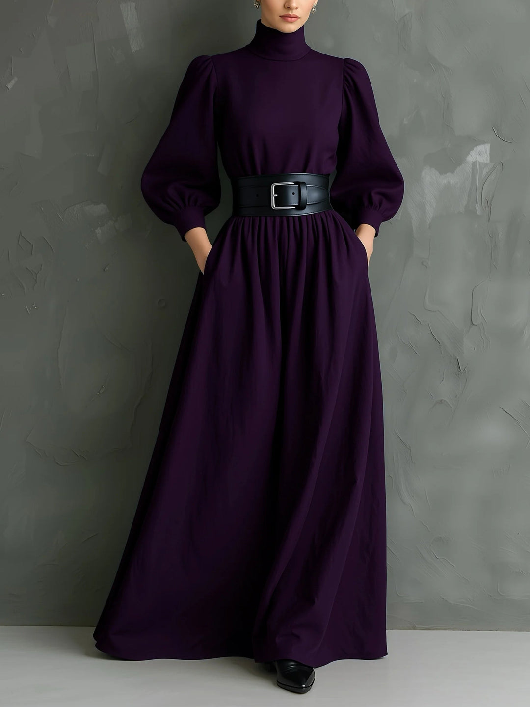 Elegant Dark Purple Maxi Dress for Women with High Neck Bishop Sleeve Belted A Line Flowing Style