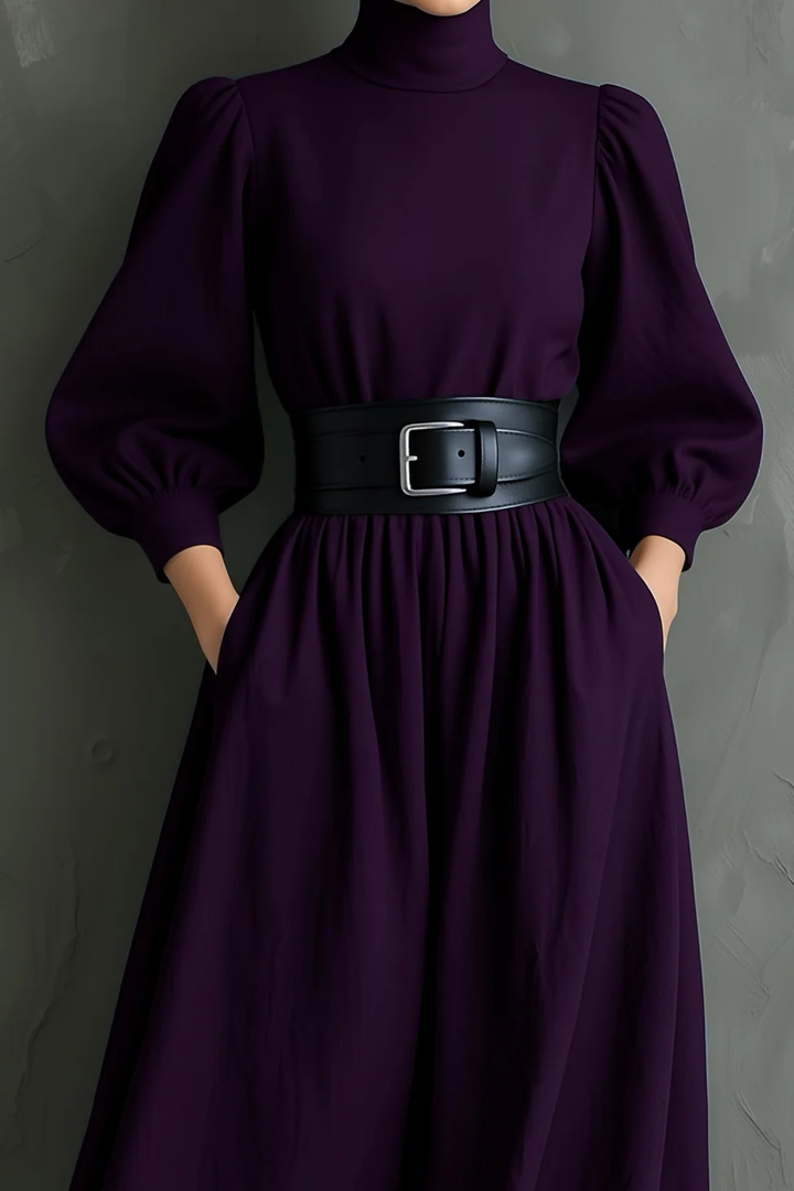 Elegant Dark Purple Maxi Dress for Women with High Neck Bishop Sleeve Belted A Line Flowing Style