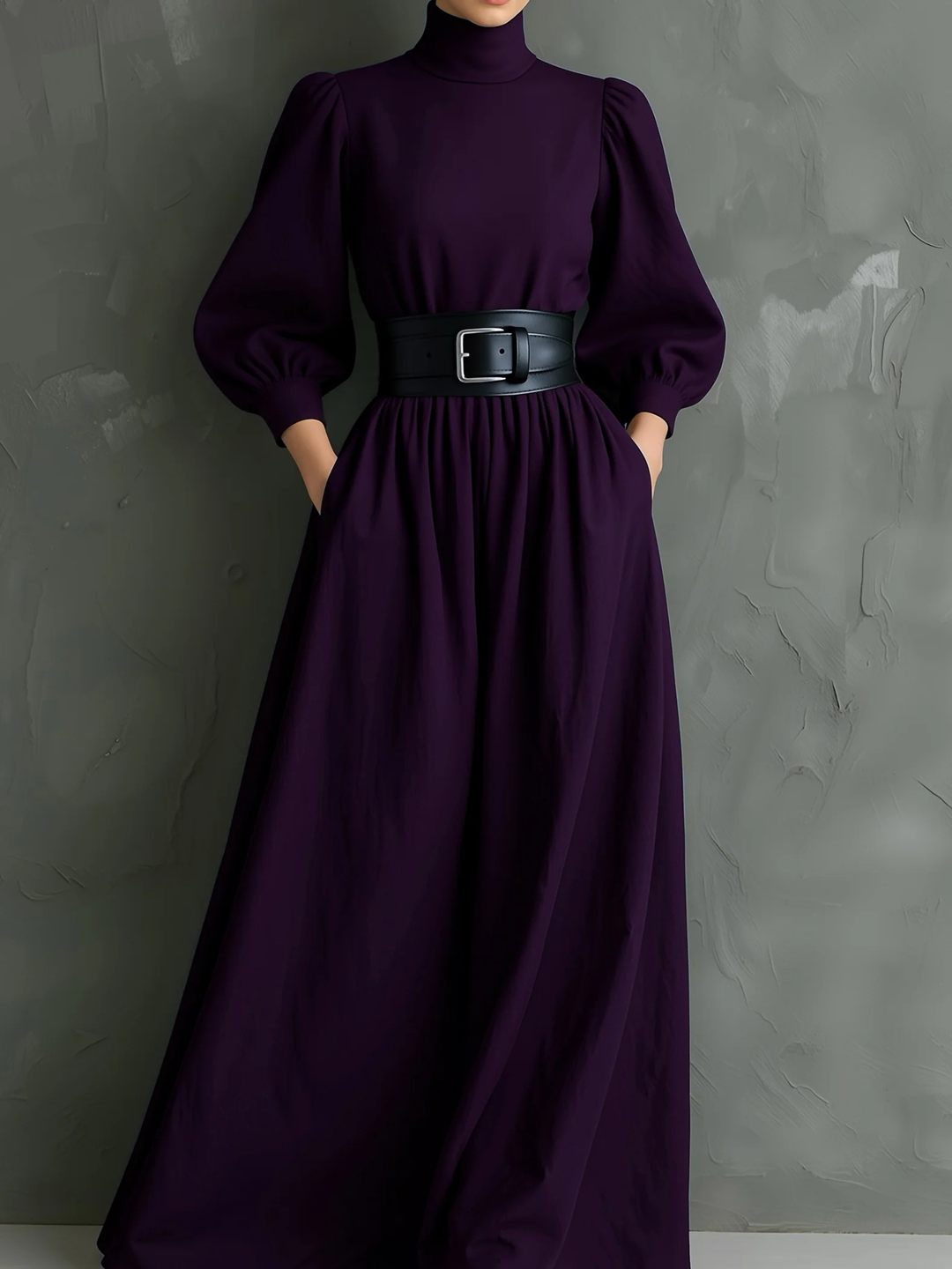 Elegant Dark Purple Maxi Dress for Women with High Neck Bishop Sleeve Belted A Line Flowing Style