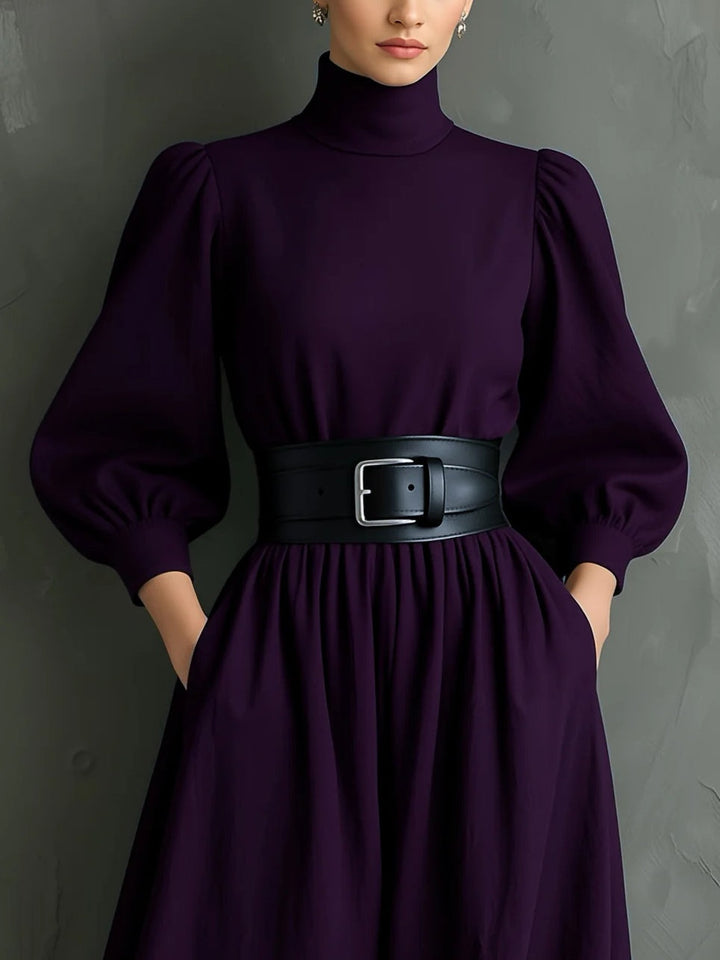 Elegant Dark Purple Maxi Dress for Women with High Neck Bishop Sleeve Belted A Line Flowing Style