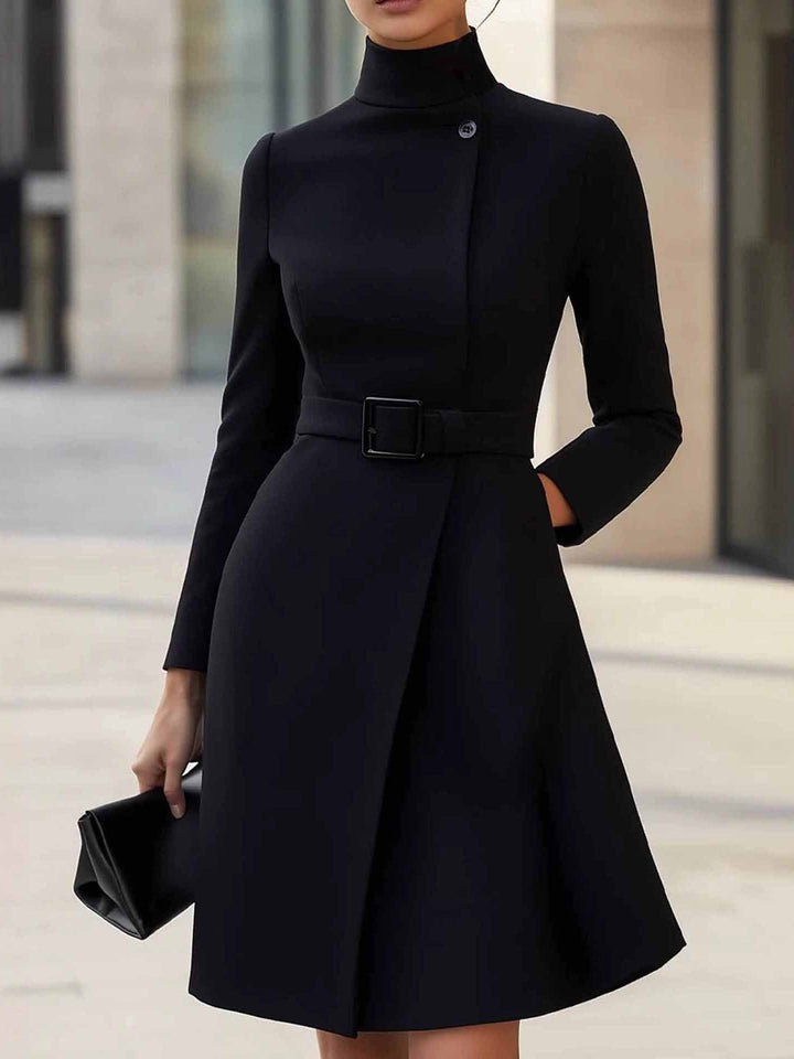 Elegant Wrap Dress for Women with Mock Neck Long Sleeve Belted A Line Cocktail Style