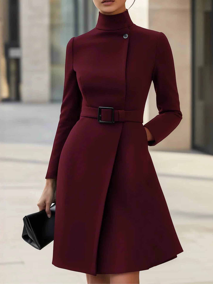 Elegant Wrap Dress for Women with Mock Neck Long Sleeve Belted A Line Cocktail Style