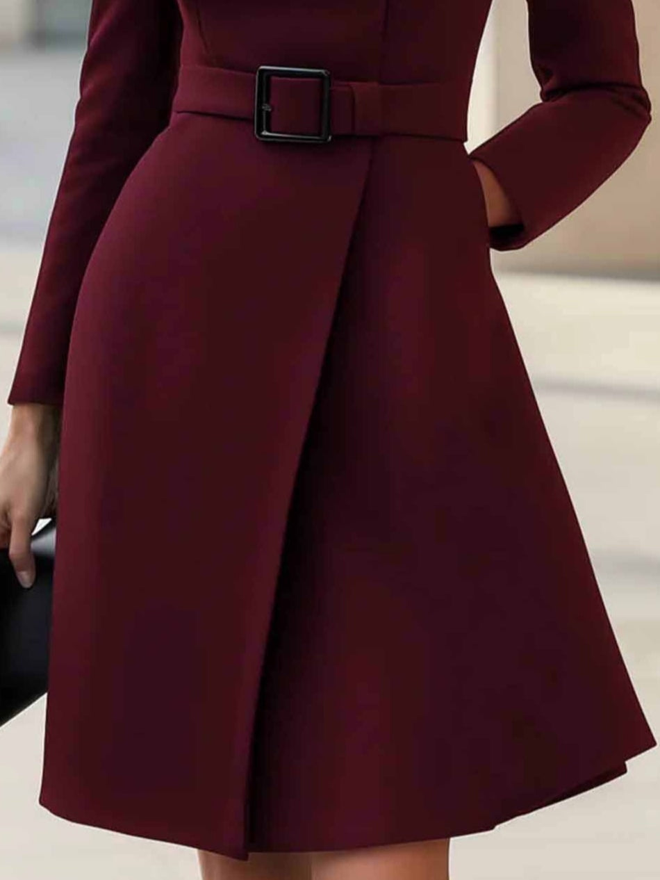 Elegant Wrap Dress for Women with Mock Neck Long Sleeve Belted A Line Cocktail Style
