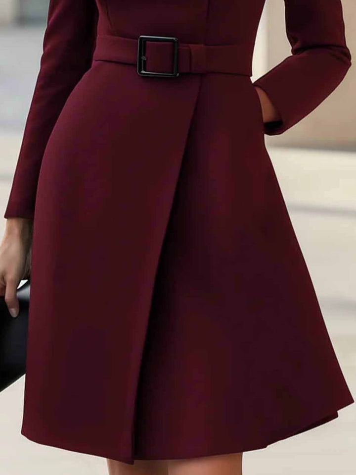 Elegant Wrap Dress for Women with Mock Neck Long Sleeve Belted A Line Cocktail Style