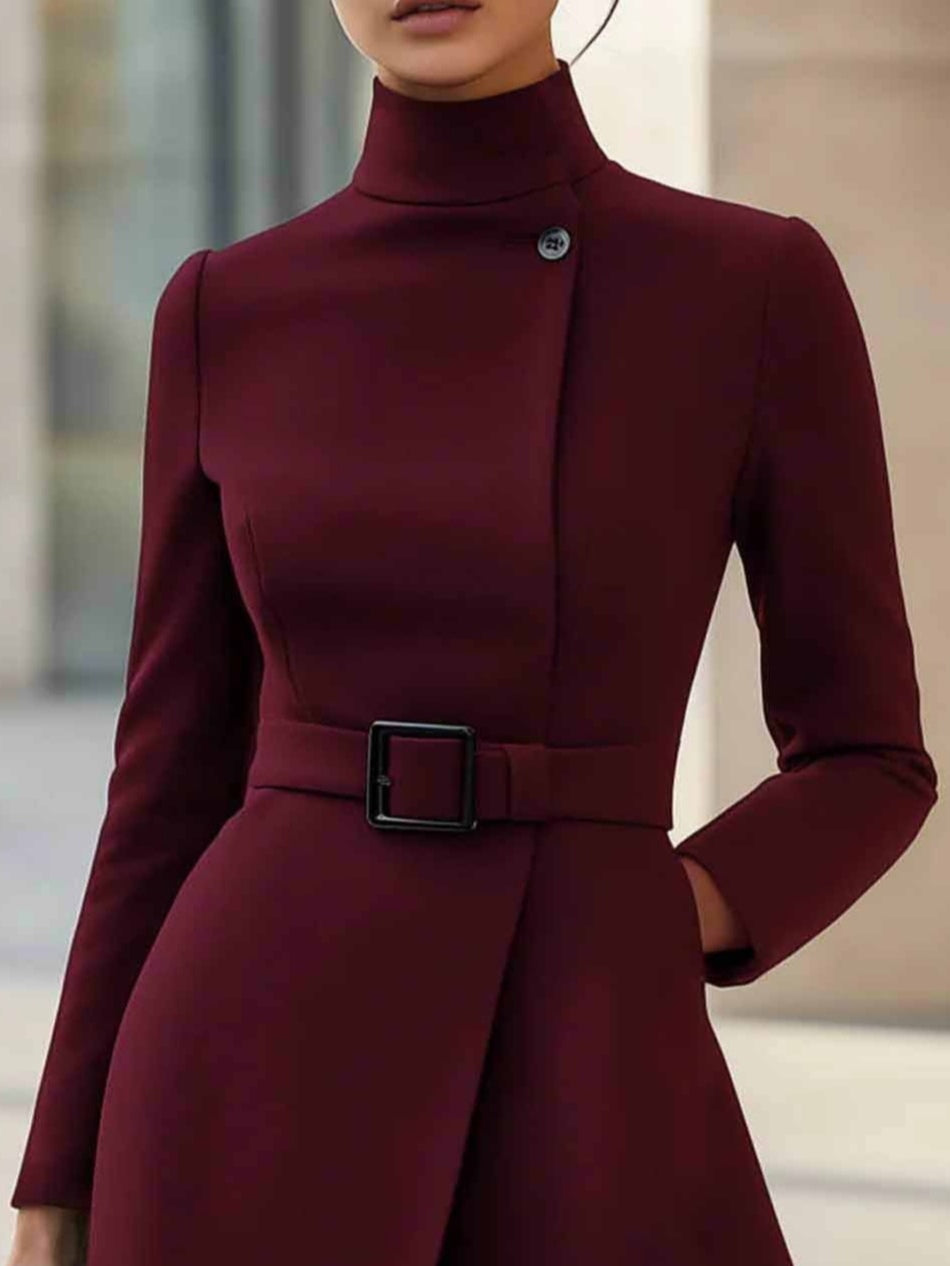 Elegant Wrap Dress for Women with Mock Neck Long Sleeve Belted A Line Cocktail Style
