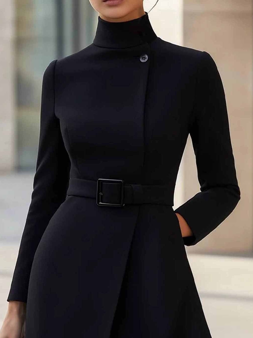 Elegant Wrap Dress for Women with Mock Neck Long Sleeve Belted A Line Cocktail Style