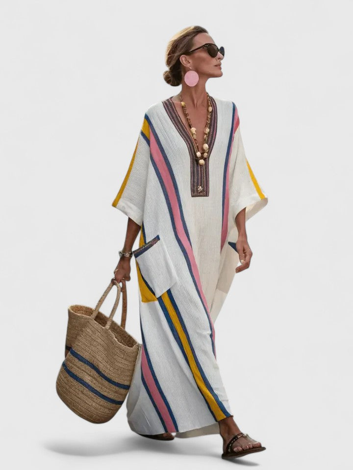 Effortless Striped Kaftan Maxi Dress for Women with V-Neck Tassel Trim Side Slit Beach Style