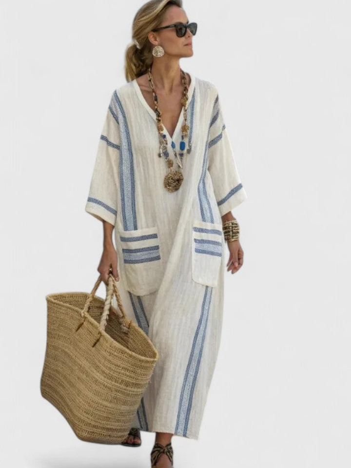 Effortless Striped Kaftan Maxi Dress for Women with V-Neck Tassel Trim Side Slit Beach Style