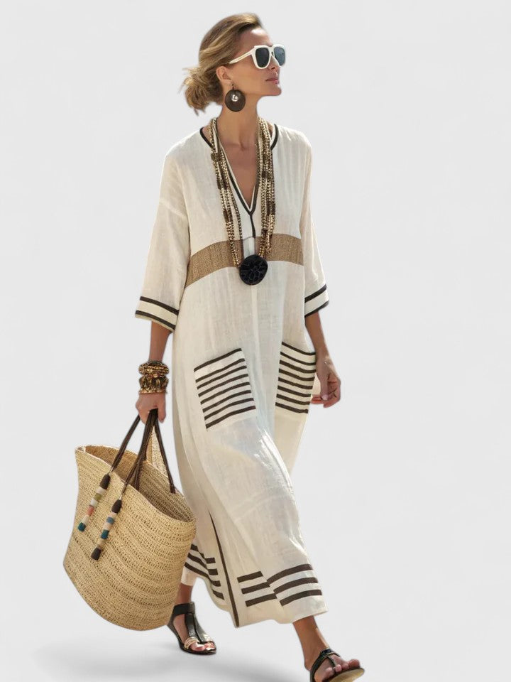 Effortless Striped Kaftan Maxi Dress for Women with V-Neck Tassel Trim Side Slit Beach Style