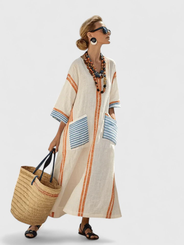 Effortless Striped Kaftan Maxi Dress for Women with V-Neck Tassel Trim Side Slit Beach Style